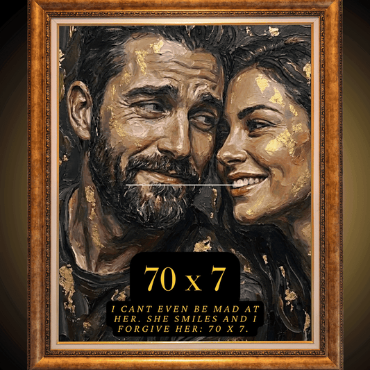 Framed artwork of a man and woman with gold accents, featuring text below.