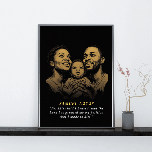 Framed artwork of a family with a child on a black background, featuring text.