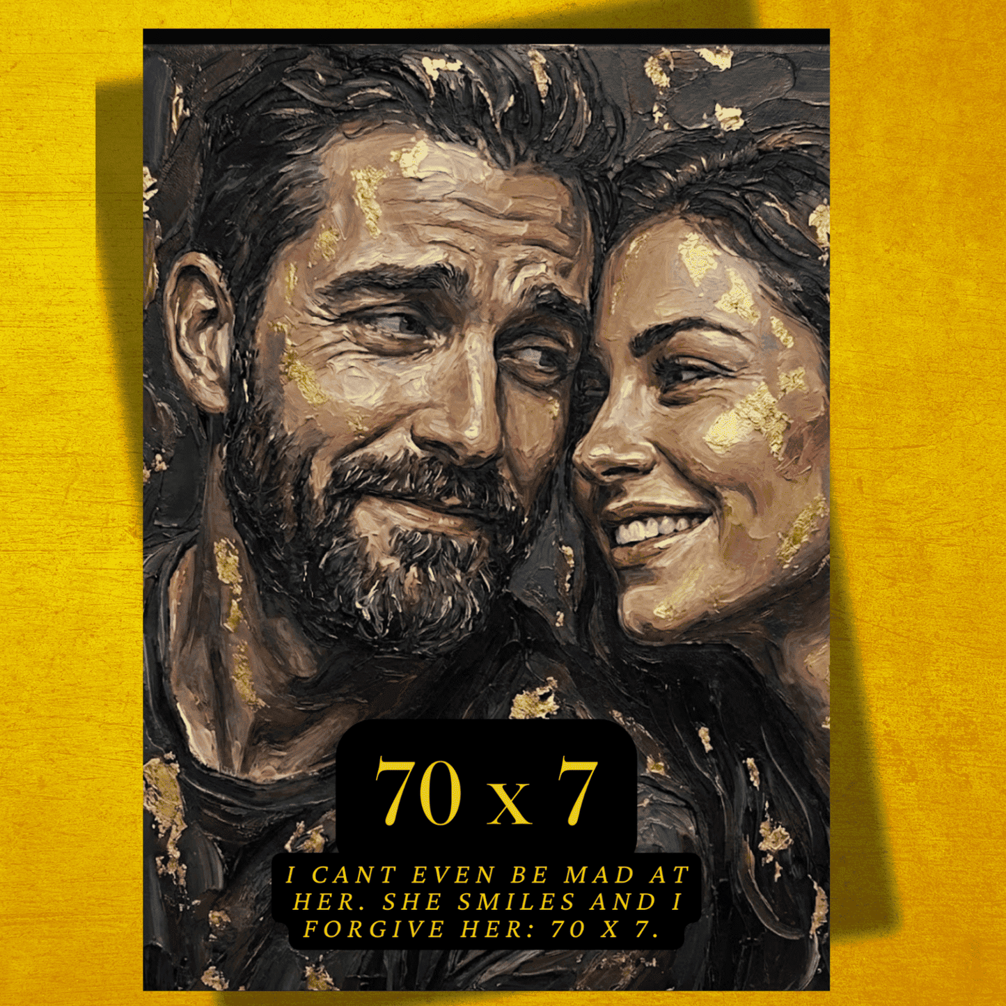 Artistic depiction of a man and woman with gold accents on a yellow background, featuring text.
