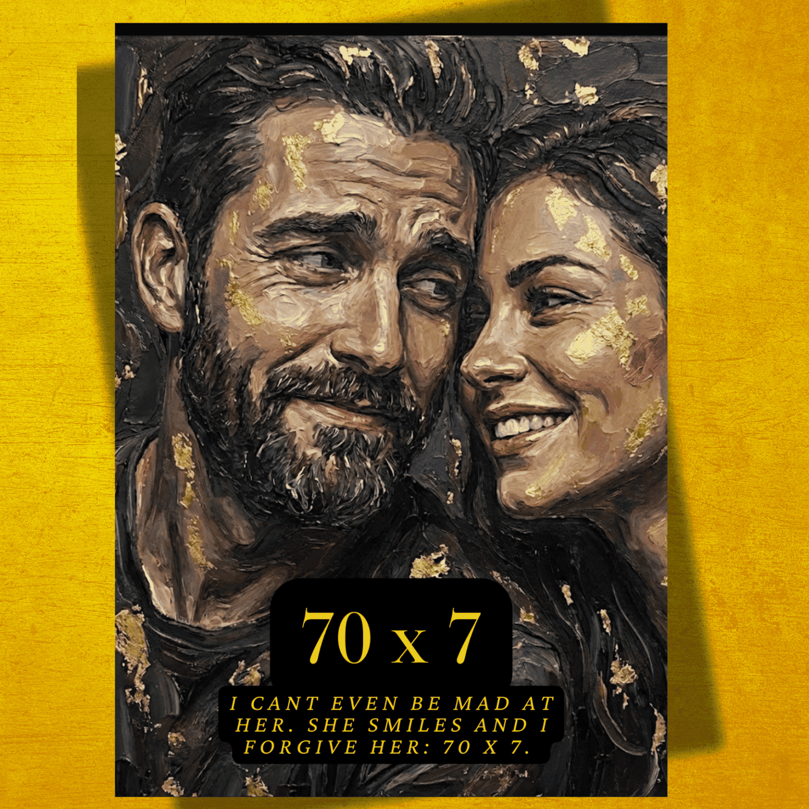 Artistic depiction of a man and woman with gold accents on a yellow background, featuring text.