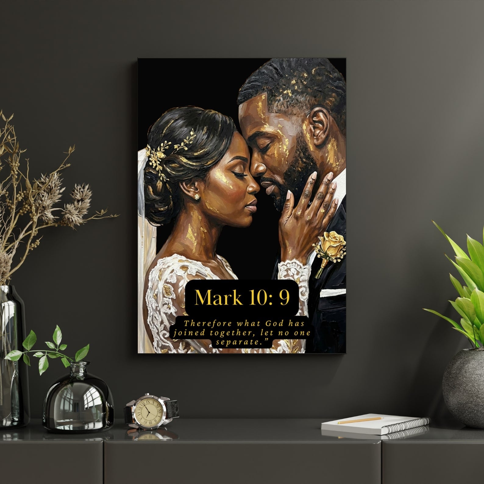 Canvas print of a couple with a Bible verse on a dark wall.