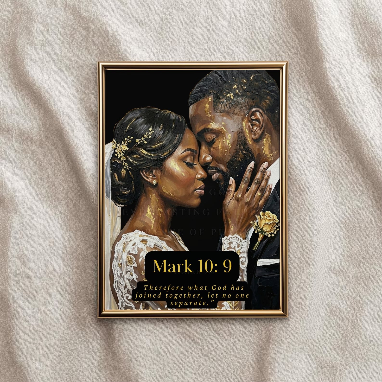 Framed artwork of a bride and groom with a biblical quote on a textured fabric background.