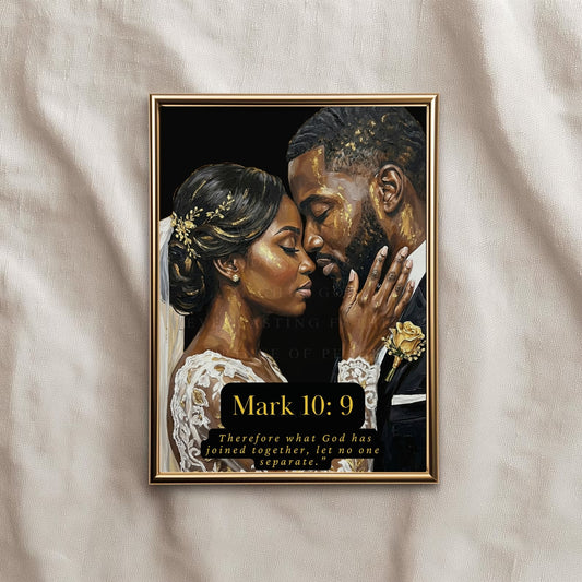 Framed artwork of a bride and groom with a biblical quote on a textured fabric background.