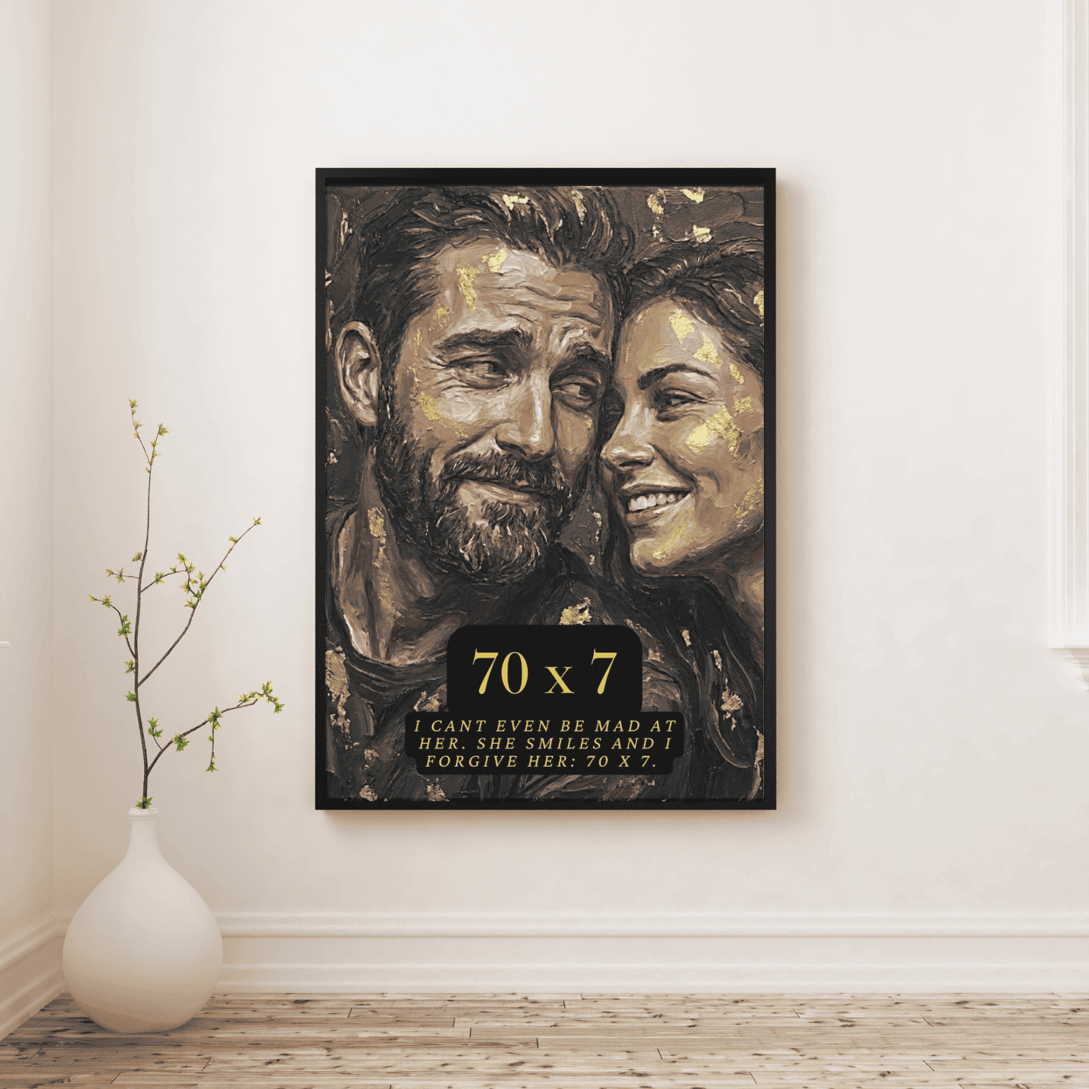 Framed artwork of a couple on a wall with decorative vase below.