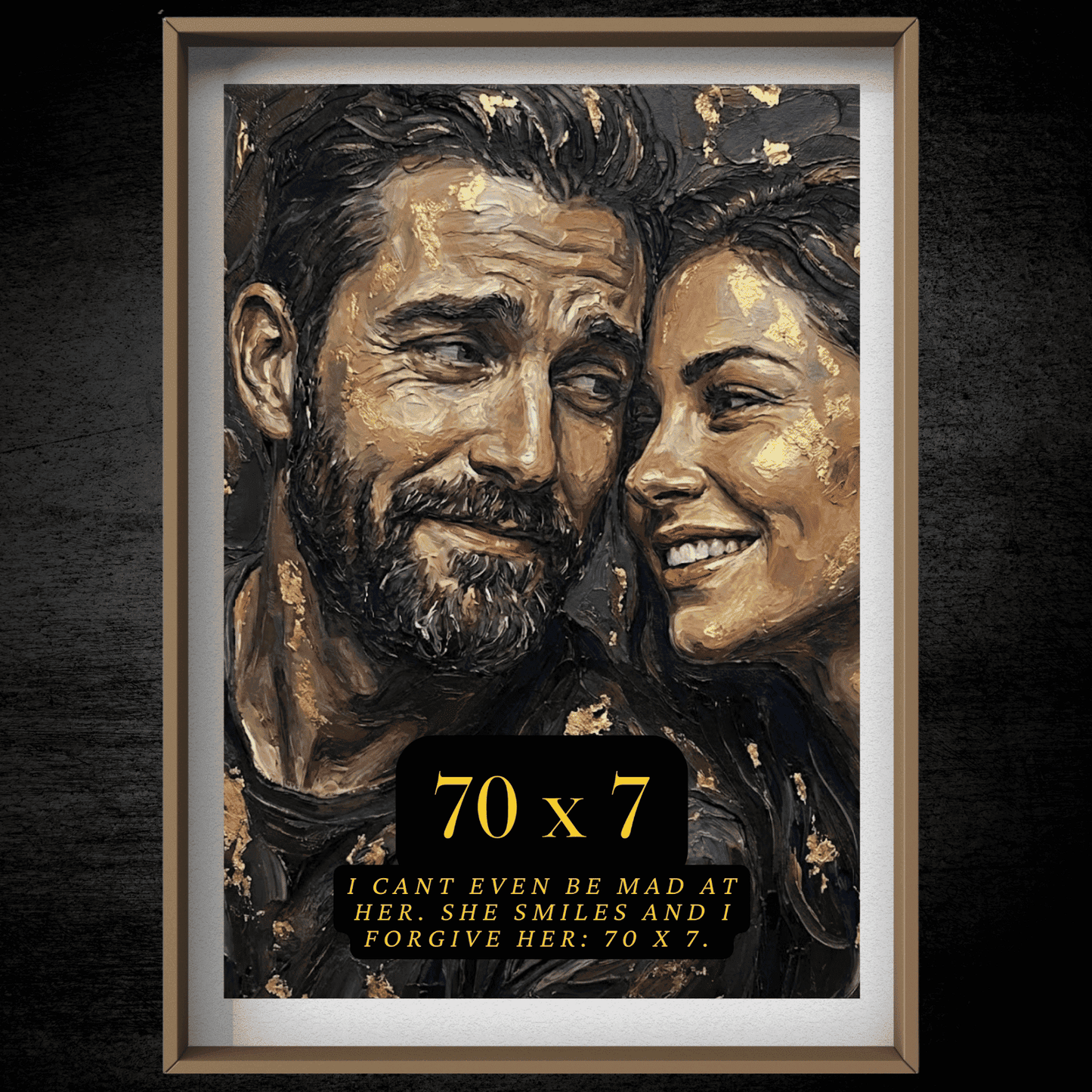 Framed artwork of a couple with text on a dark background