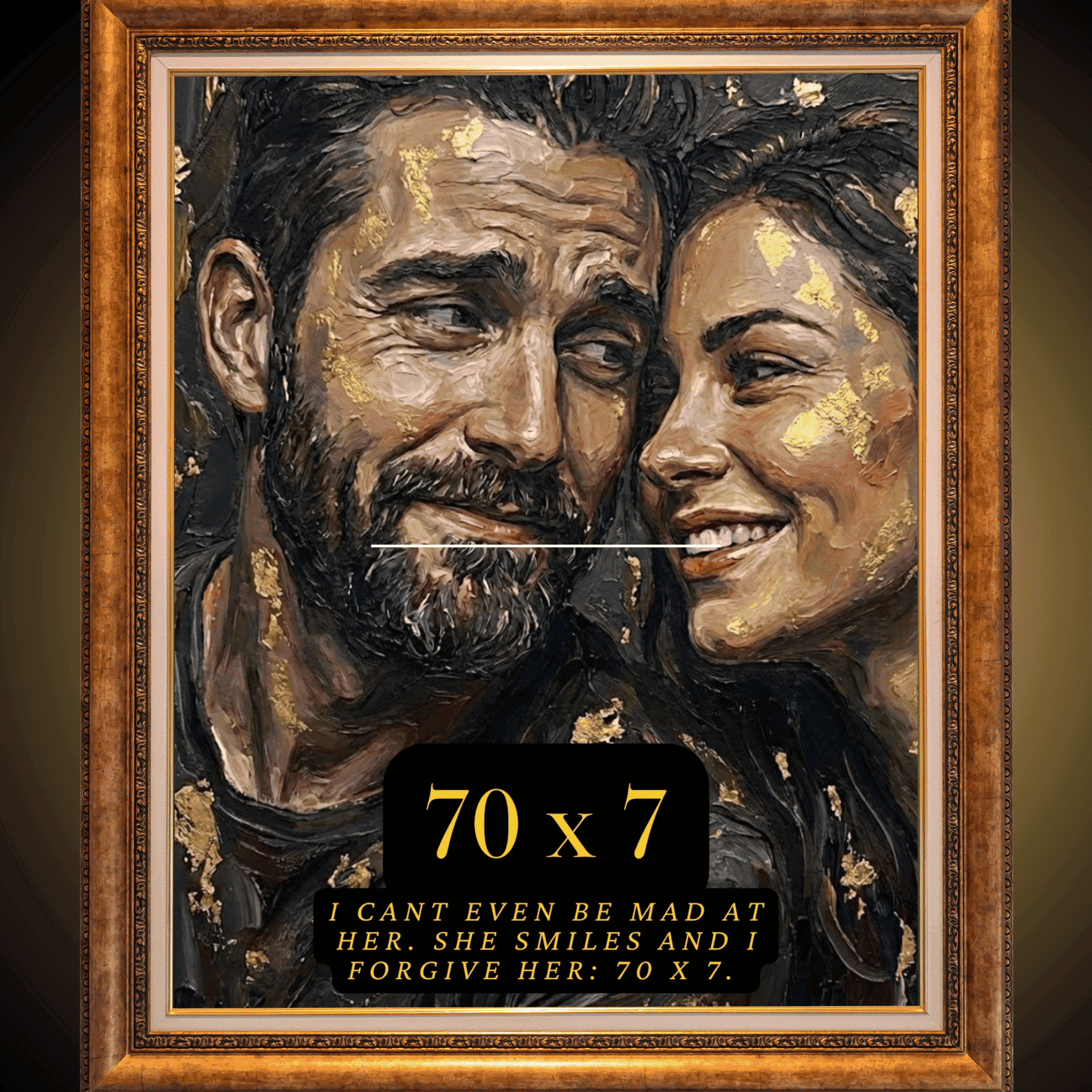 Framed artwork of a man and woman with gold accents, featuring text below.