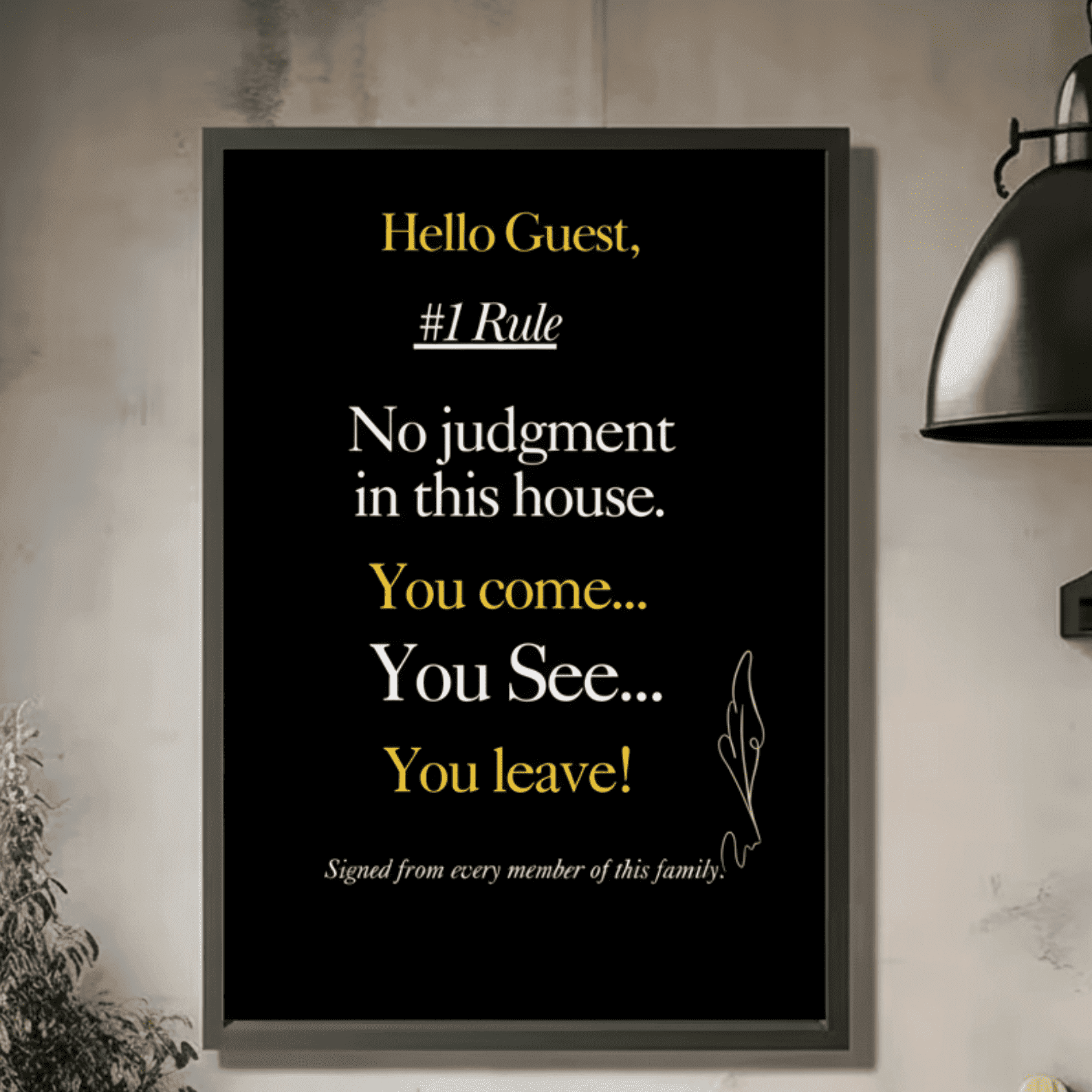 Framed artwork with a humorous quote about house rules for couples