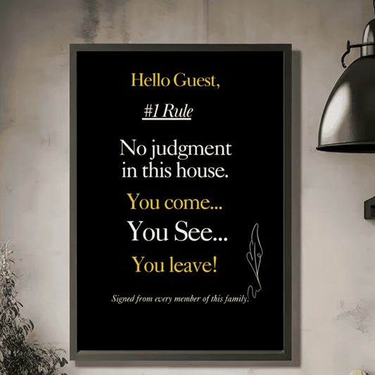 Framed artwork with a humorous quote about house rules for couples