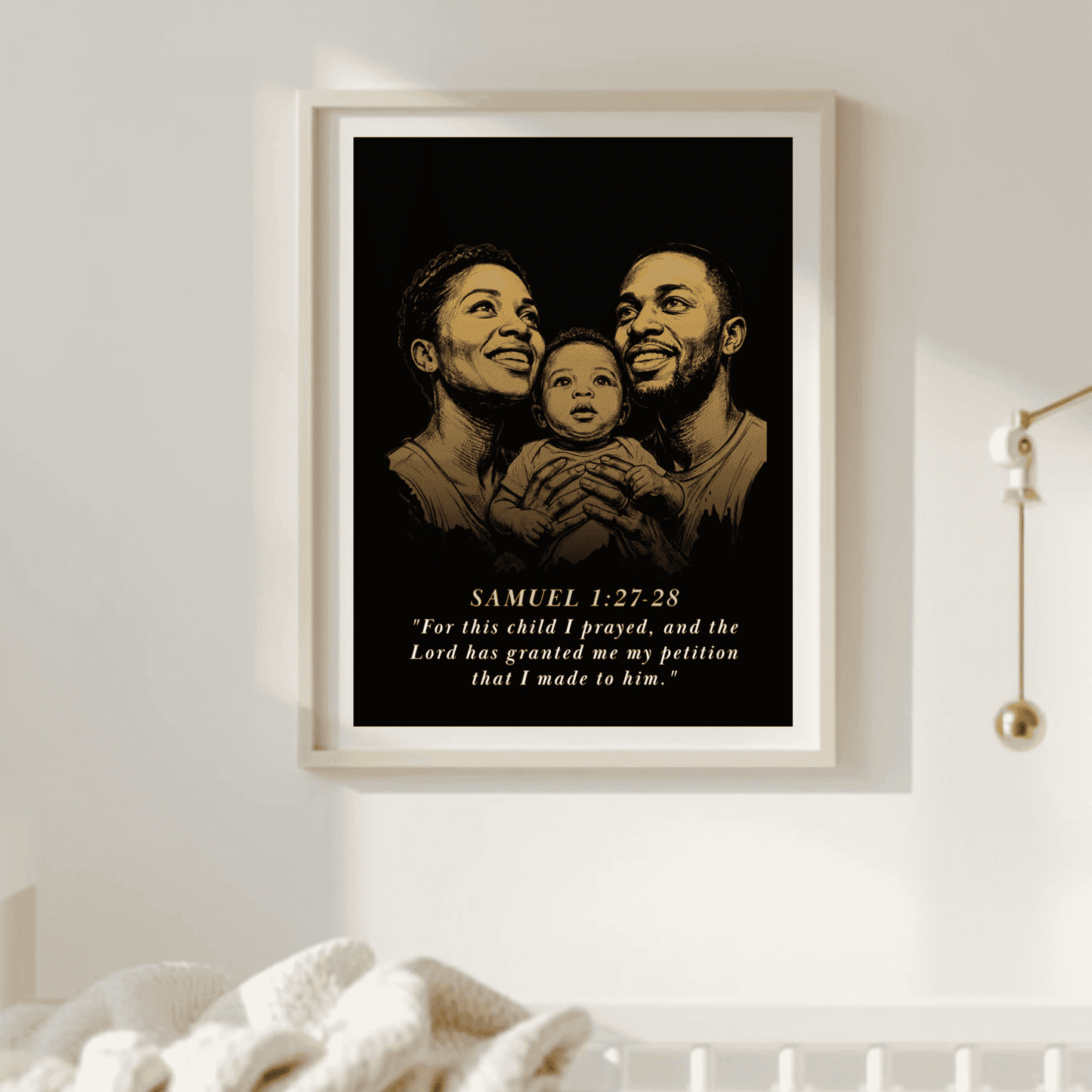 Framed artwork of a family with a child on a wall with Samuel 1:27
