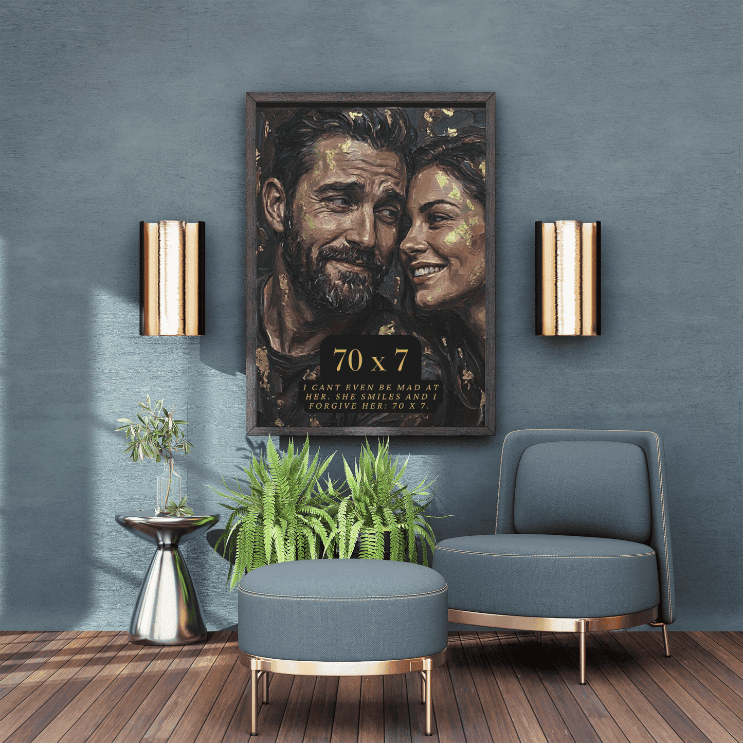 Living room with a blue armchair, ottoman, and wall art featuring a couple.