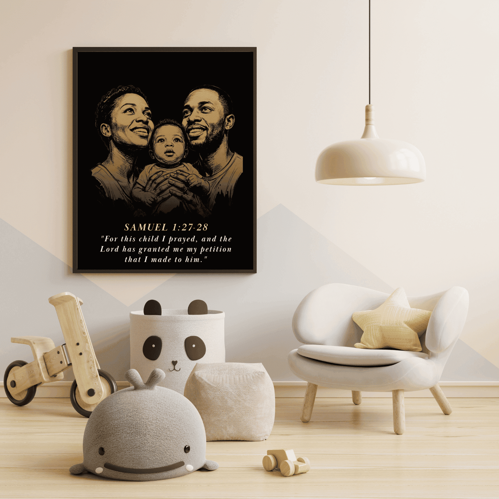 baby nursery christian wall art with frame Framed artwork of a family with a child in a modern living room.