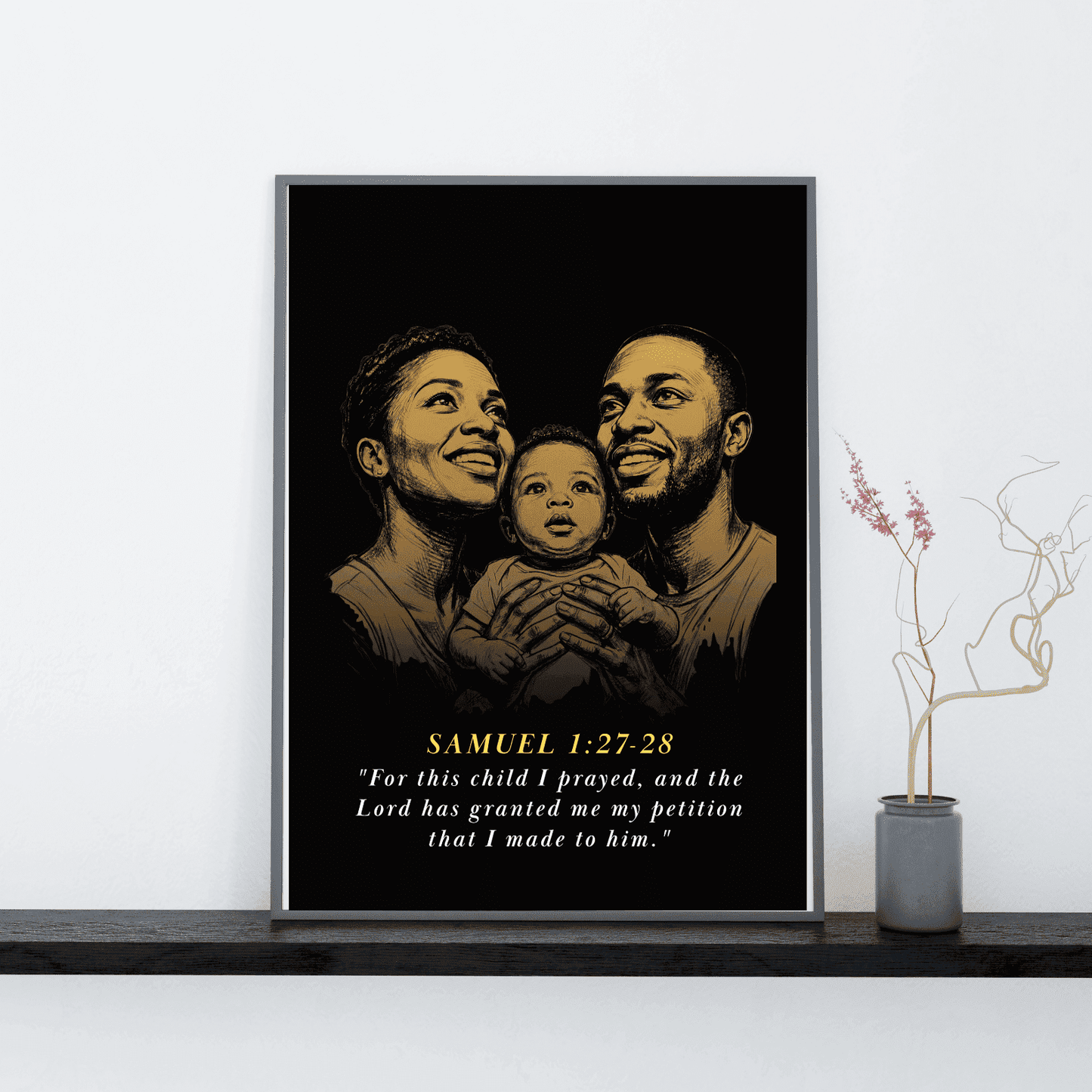 Framed artwork of a family with a child on a black background, featuring text.